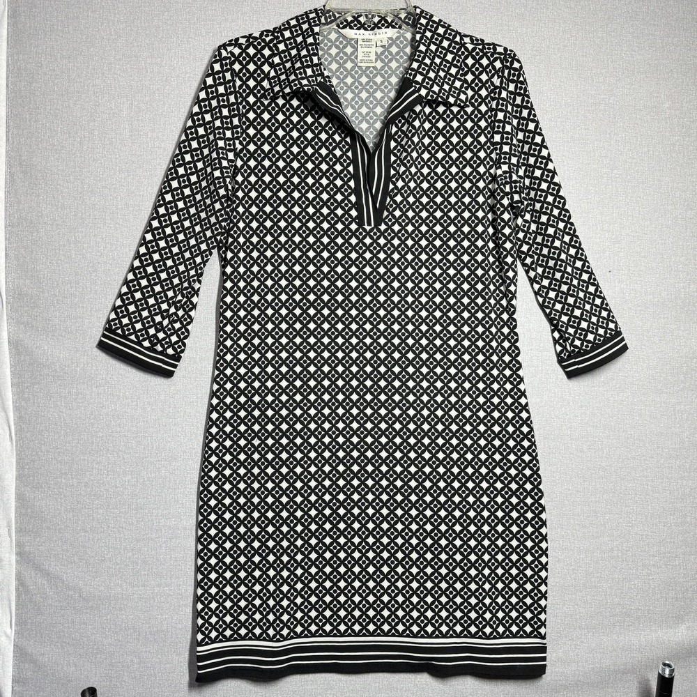 Max‎ Studio Dress Womens Small Black Geometric Collared 3/4 Sleeve Shift Stretch